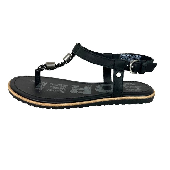 Sorel Womens Flat Ella T Strap Sandals  Size 6.5  Black Macrame & Leather Beaded - Picture 3 of 10